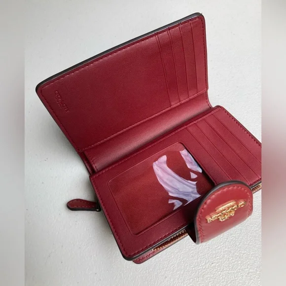 Coach Signature Medium Corner Zip Wallet Khaki Brown Tan Cherry Red Snap Button - Picture 6 of 17